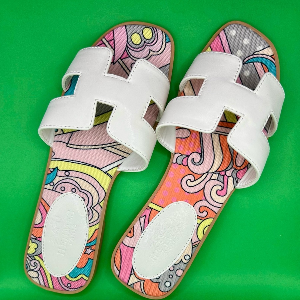 White Slide Mules with Colorful Printed Footbed